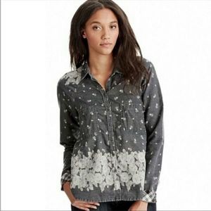 Free People Dottie Over You Gray floral plaid hi-lo button down cotton top